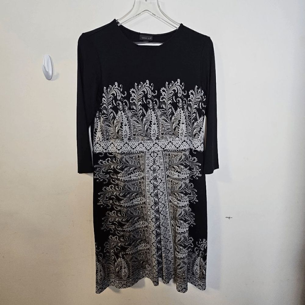 J. Jill Knee Length 3/4 Sleeve Pullover Stretch Dresses Womens Black Tan Paisley